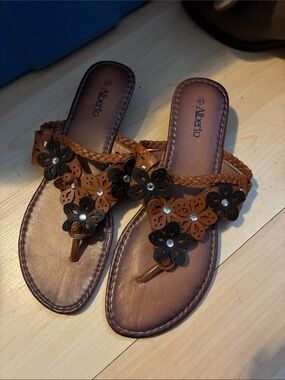 Alberto Tan and Black Floral Braided Thong Sandals